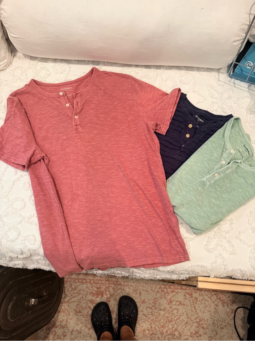 Goodfellow & Co Short-Sleeve Henley Trio in Coral, Navy & Mint